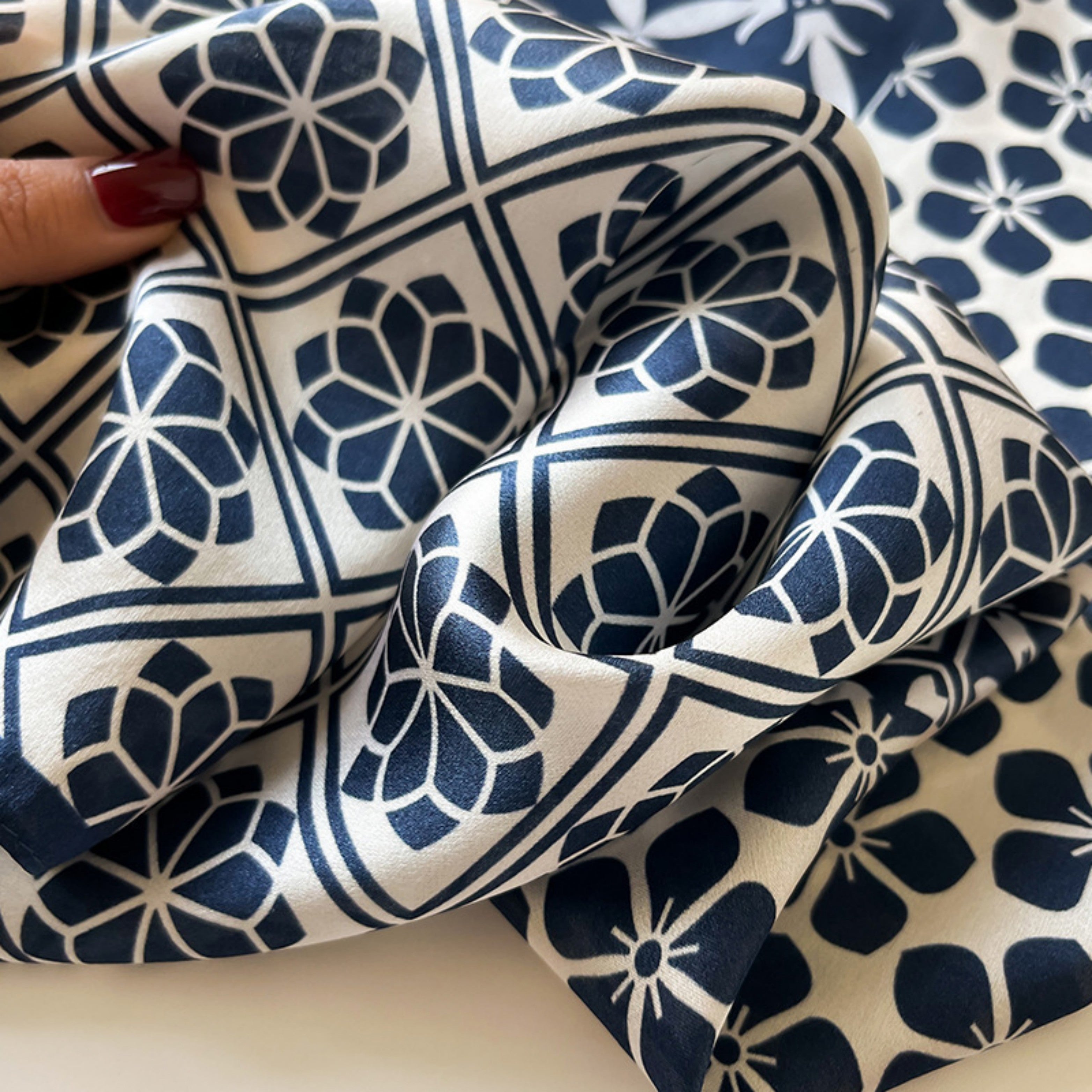 Navy Checkerboard Silk Scarf – 100% Mulberry Silk Twill 65CM | Elegant Square Scarf | Gift for Mom