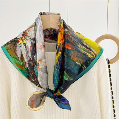 New Arrival: Living Colour Oil Painting Impact 100% Mulberry Silk Scarf - 65CM Square Shawl, Elegant Gift for Her