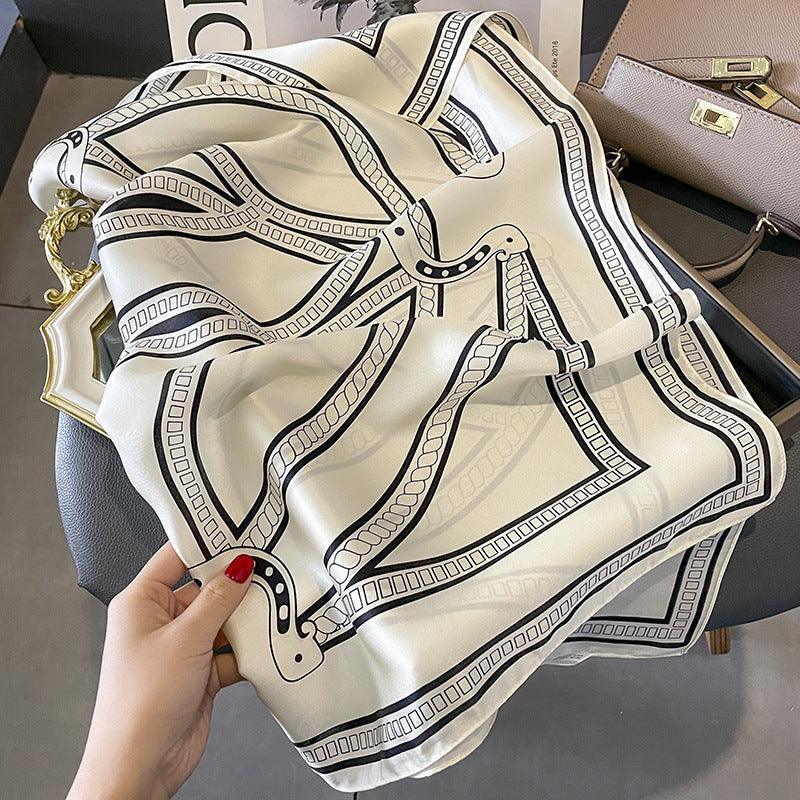 Minimalist Black and White Saddle Chain mulberry silk scarf/65CM 100% mulberry silk scarf/Silk shawl/Gift for her