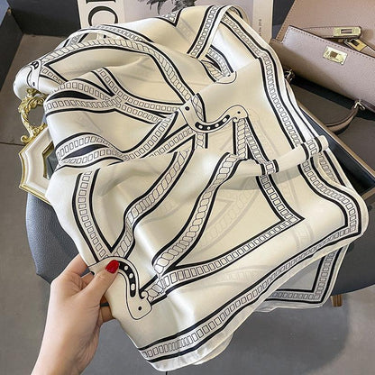 Minimalist Black and White Saddle Chain mulberry silk scarf/65CM 100% mulberry silk scarf/Silk shawl/Gift for her