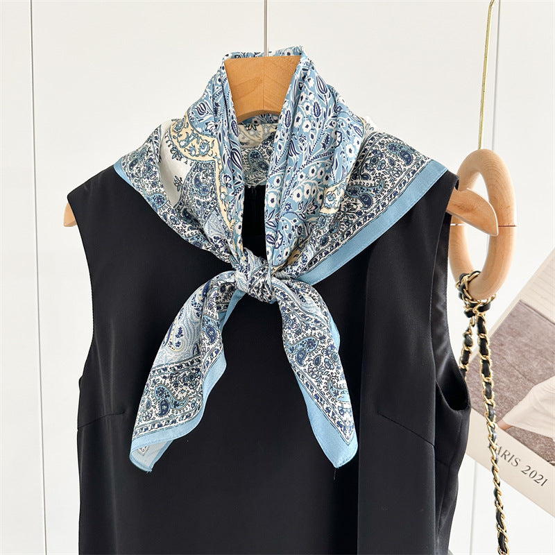 New Arrival: Light Blue 100% Mulberry Silk Square Scarf with Happiness Tree Pattern - 65CM Elegant Shawl, Perfect Gift for Her