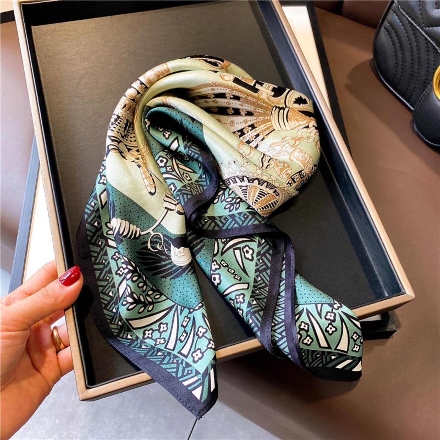 Modern Dark Green Silk Scarf – Simple Print | 100% Mulberry Silk Twill 65CM | Stylish Gift for Her