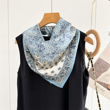 New Arrival: Light Blue 100% Mulberry Silk Square Scarf with Happiness Tree Pattern - 65CM Elegant Shawl, Perfect Gift for Her