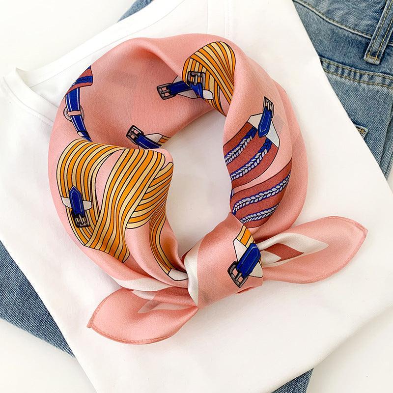 チェーンストラッププリント 桑100% シルクスカーフ/シルクヘッドスカーフ/シルクヘアスカーフ/シルクネックスカーフ/母の日ギフト/バッグアクセサリー/彼女へのギフト