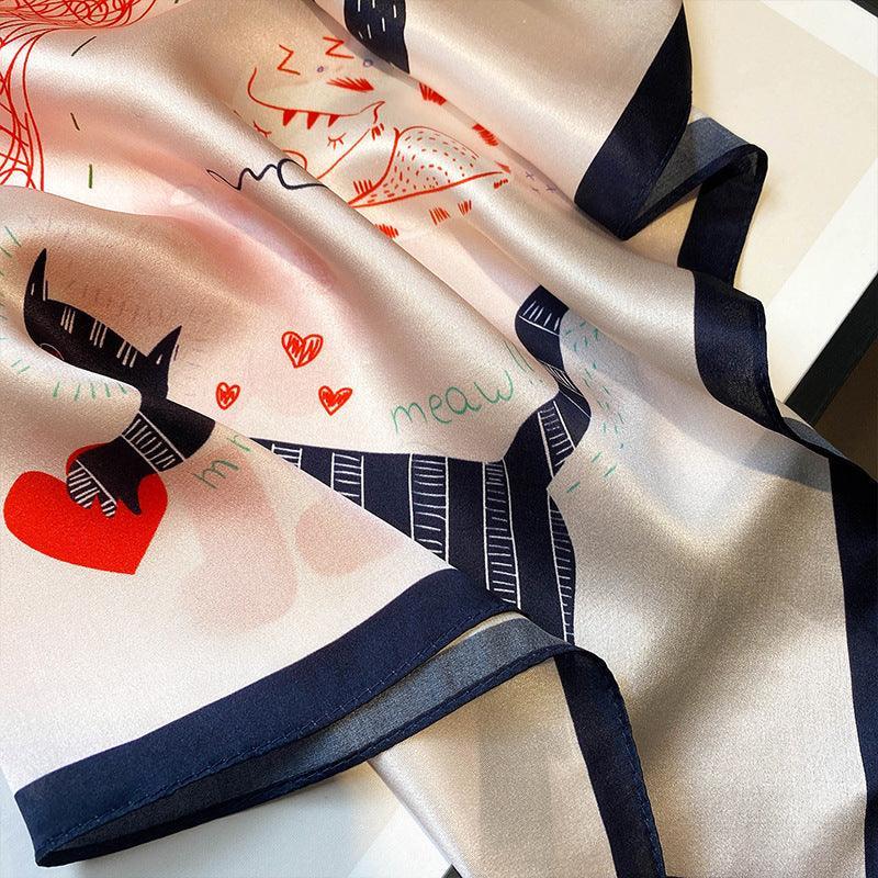 Pink Cat Pattern 100% mulberry Silk Scarf/Silk head scarf/Silk hair scarf/Silk neck scarf/Mother&