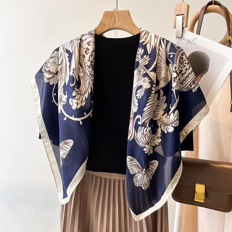 グリーン Boho Flora 大判シルクスカーフ/シルクツイルサテン/90×90cm/シルクショール/シルクバンダナ/大判サテンスカーフ/彼女へのギフト/母の日ギフト