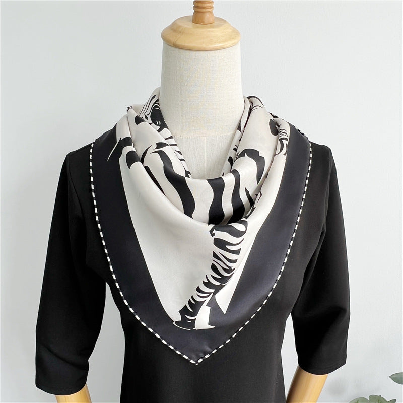 100% Pure Mulberry Silk Twill Scarf – Zebra Print, 90cm, Hand-Rolled Edges