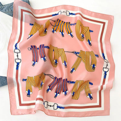 チェーンストラッププリント 桑100% シルクスカーフ/シルクヘッドスカーフ/シルクヘアスカーフ/シルクネックスカーフ/母の日ギフト/バッグアクセサリー/彼女へのギフト