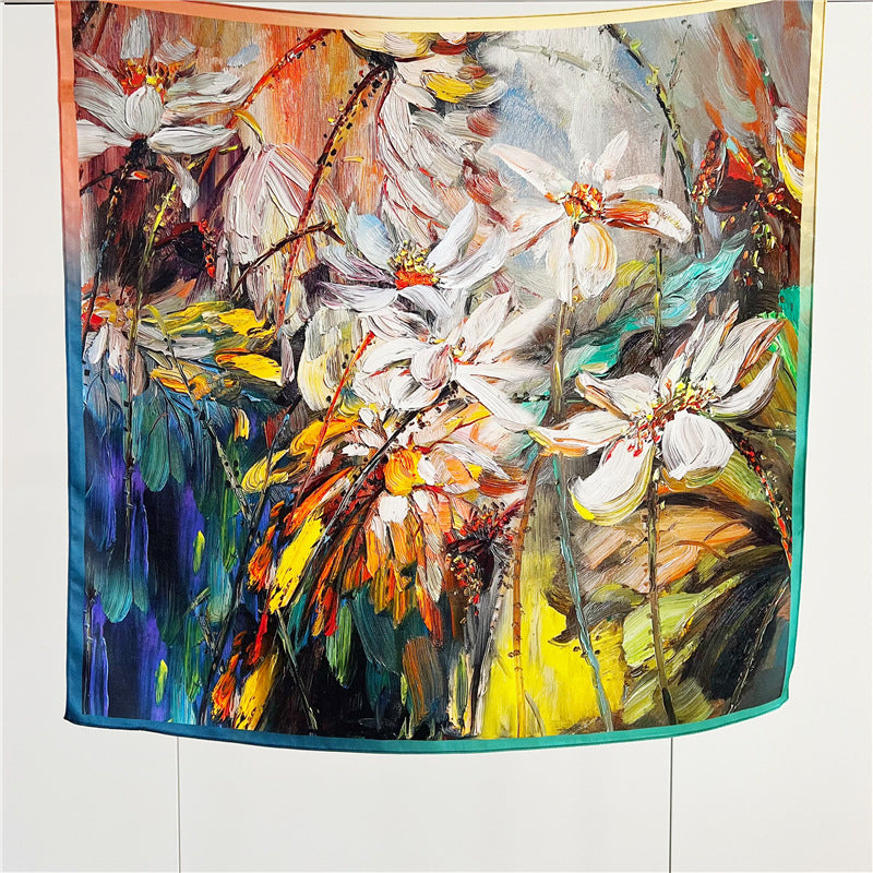New Arrival: Living Colour Oil Painting Impact 100% Mulberry Silk Scarf - 65CM Square Shawl, Elegant Gift for Her