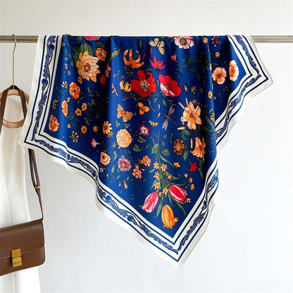 Weißes Blumen-Schmetterlingsmuster/Seiden-Twill-Satin/9090 cm/Seidenschal/Seiden-Bandana/Großer Satinschal/Geschenk für Sie/Muttertagsgeschenke