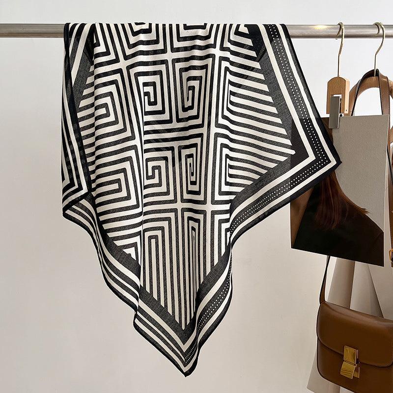 Vintage Fret Pattern Square Scarf/Retro Pattern Cotton and Linen Texture Shawl/Head Scarf for Women/Perfect Gift for Her