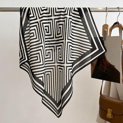 Vintage Fret Pattern Square Scarf/Retro Pattern Cotton and Linen Texture Shawl/Head Scarf for Women/Perfect Gift for Her