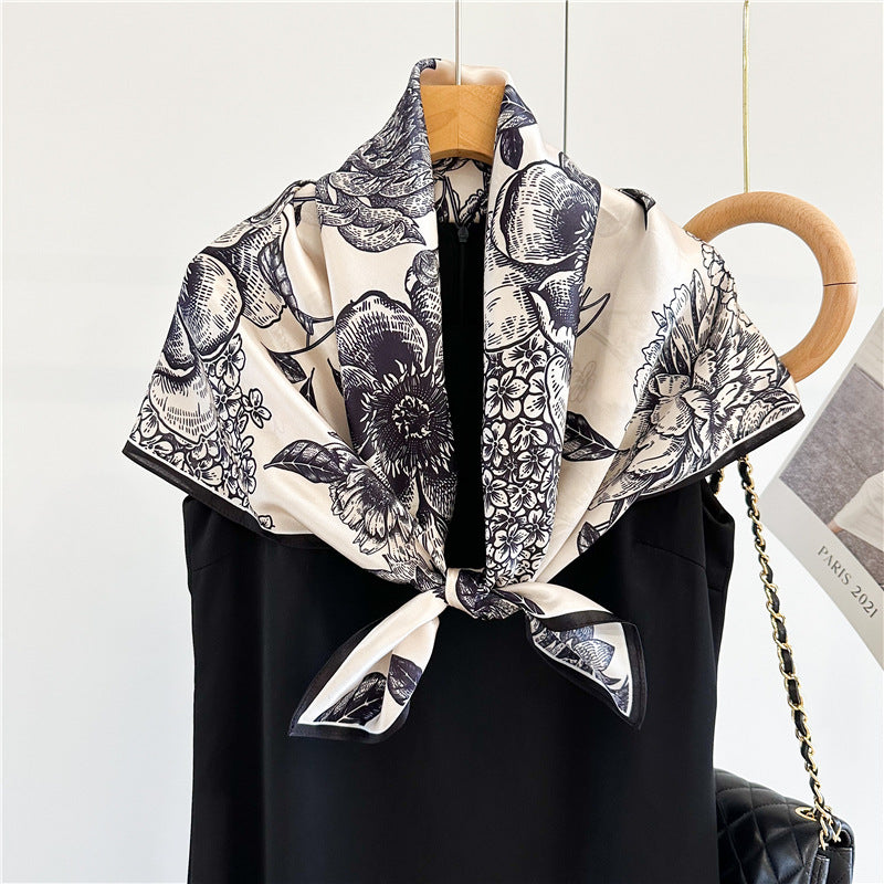 Camellia Noir – 100% Silk Crepe de Chine Scarf (90×90 cm)