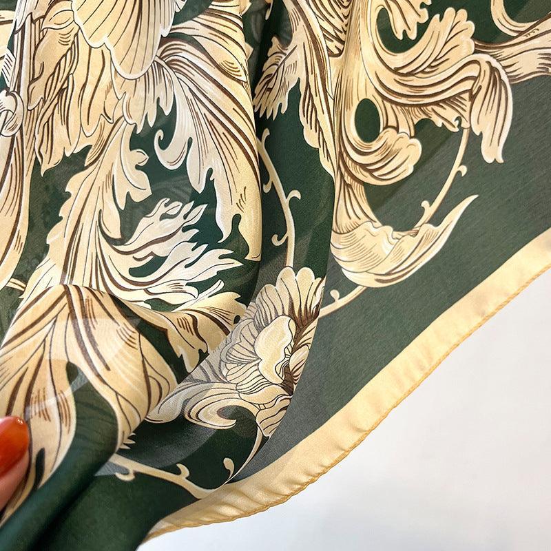 グリーン Boho Flora 大判シルクスカーフ/シルクツイルサテン/90×90cm/シルクショール/シルクバンダナ/大判サテンスカーフ/彼女へのギフト/母の日ギフト