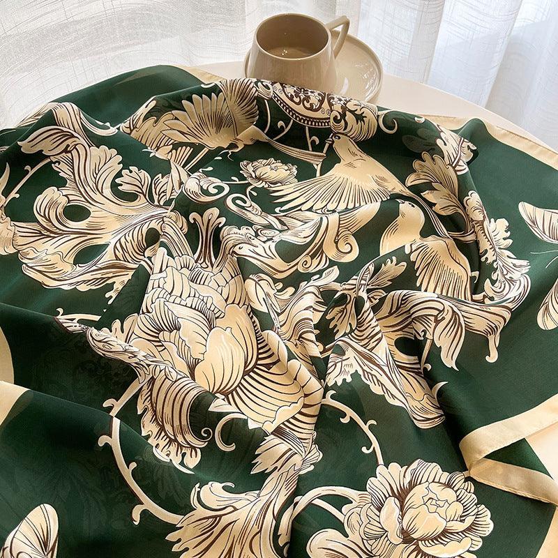 グリーン Boho Flora 大判シルクスカーフ/シルクツイルサテン/90×90cm/シルクショール/シルクバンダナ/大判サテンスカーフ/彼女へのギフト/母の日ギフト