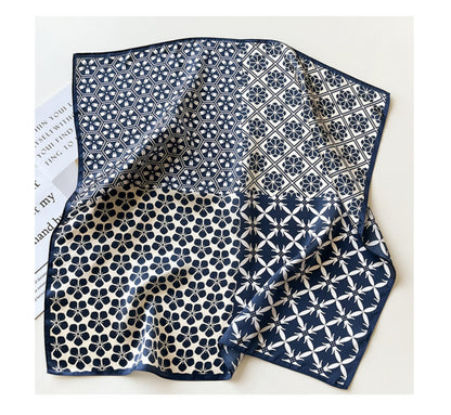 Navy Checkerboard Silk Scarf – 100% Mulberry Silk Twill 65CM | Elegant Square Scarf | Gift for Mom