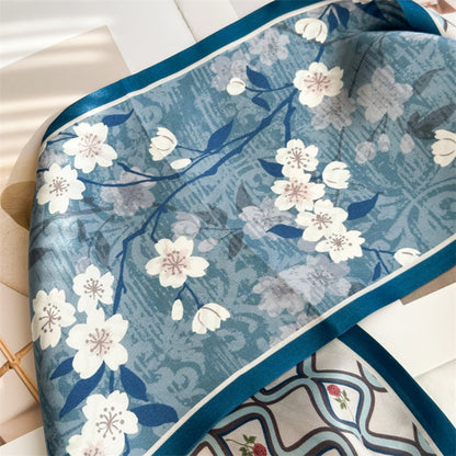 Elegant Blue Floral Plaid Silk Scarf | Graceful Checkered Mulberry Silk Ribbon