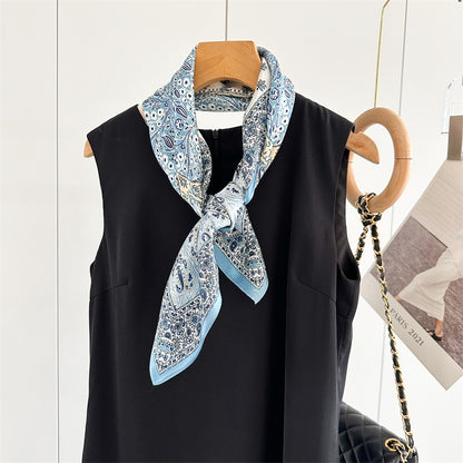 New Arrival: Light Blue 100% Mulberry Silk Square Scarf with Happiness Tree Pattern - 65CM Elegant Shawl, Perfect Gift for Her