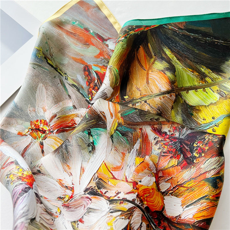 New Arrival: Living Colour Oil Painting Impact 100% Mulberry Silk Scarf - 65CM Square Shawl, Elegant Gift for Her