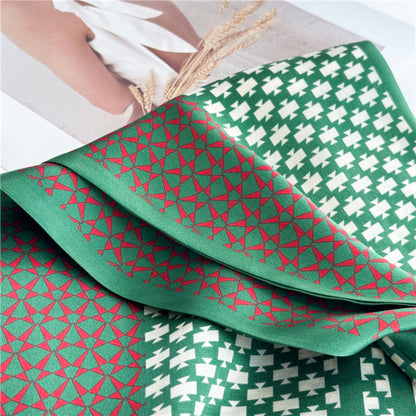 Vintage Geometric Green Mulberry Silk Scarf | Double-Sided Elegant Long Ribbon