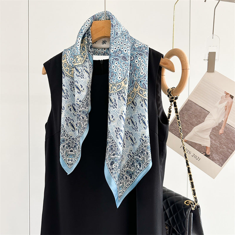 New Arrival: Light Blue 100% Mulberry Silk Square Scarf with Happiness Tree Pattern - 65CM Elegant Shawl, Perfect Gift for Her