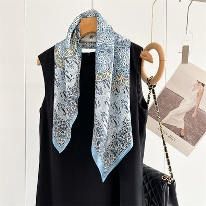 New Arrival: Light Blue 100% Mulberry Silk Square Scarf with Happiness Tree Pattern - 65CM Elegant Shawl, Perfect Gift for Her
