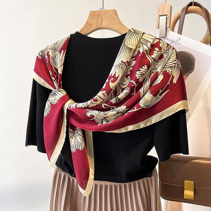 グリーン Boho Flora 大判シルクスカーフ/シルクツイルサテン/90×90cm/シルクショール/シルクバンダナ/大判サテンスカーフ/彼女へのギフト/母の日ギフト