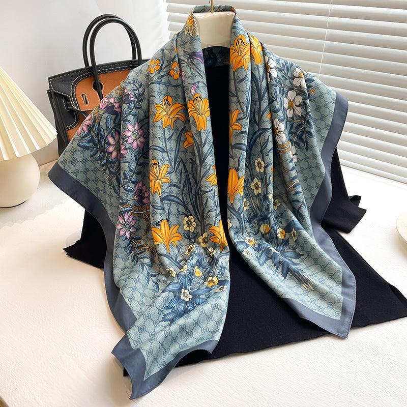 Daisy Pattern Chic Large Satin Scarf | 90x90cm Bandana | Twill Satin Shawl | Perfect Gift for Her, Mother&