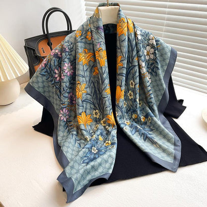 Daisy Pattern Chic Large Satin Scarf | 90x90cm Bandana | Twill Satin Shawl | Perfect Gift for Her, Mother&
