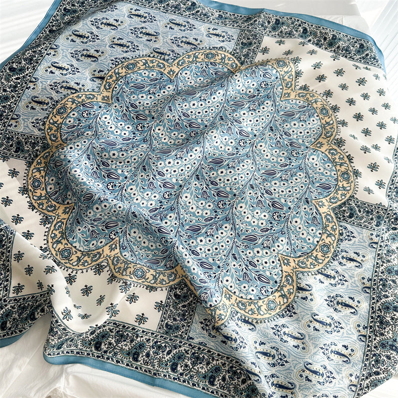 New Arrival: Light Blue 100% Mulberry Silk Square Scarf with Happiness Tree Pattern - 65CM Elegant Shawl, Perfect Gift for Her