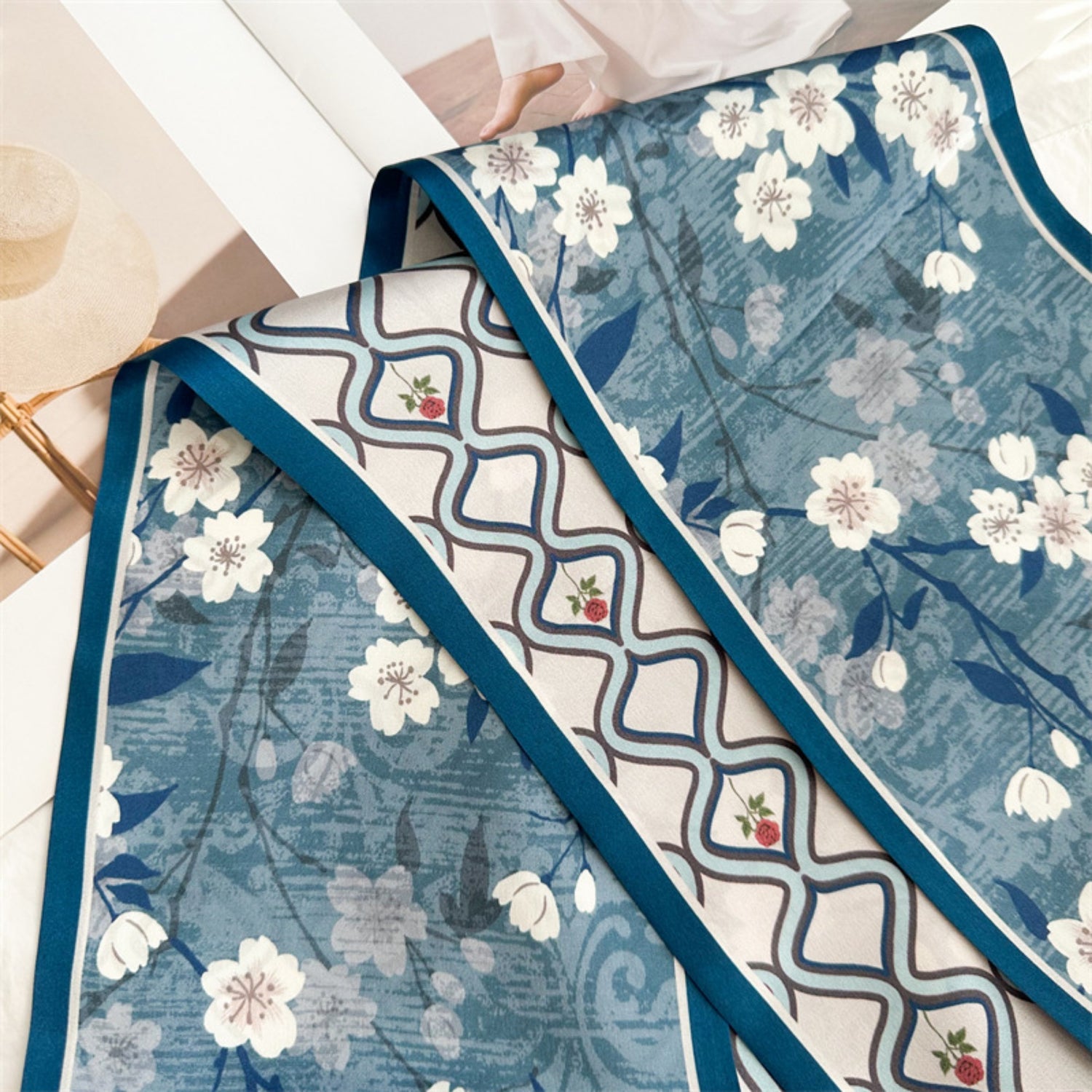 Elegant Blue Floral Plaid Silk Scarf | Graceful Checkered Mulberry Silk Ribbon