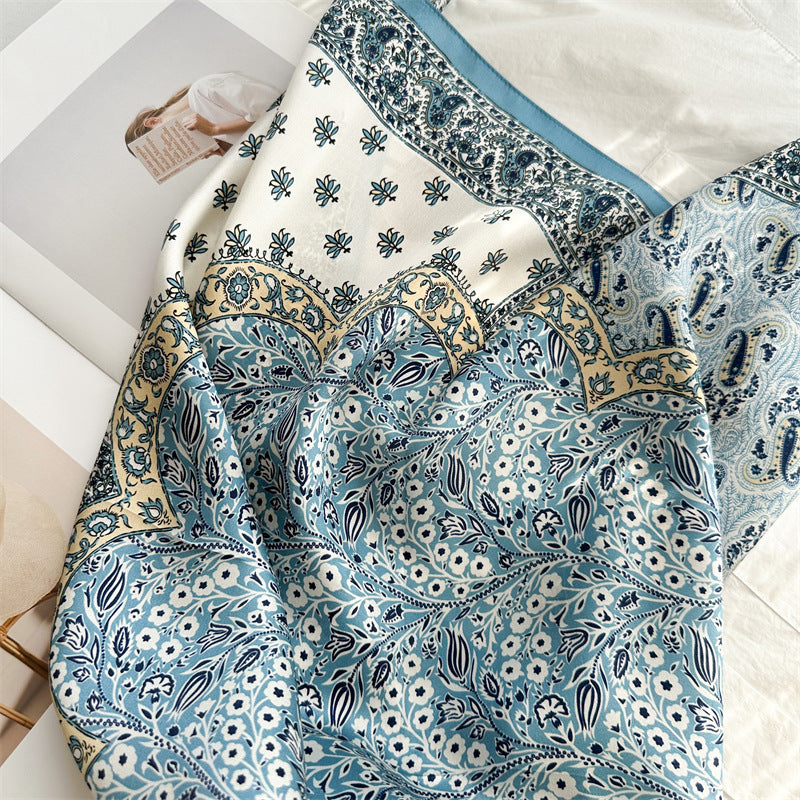 New Arrival: Light Blue 100% Mulberry Silk Square Scarf with Happiness Tree Pattern - 65CM Elegant Shawl, Perfect Gift for Her