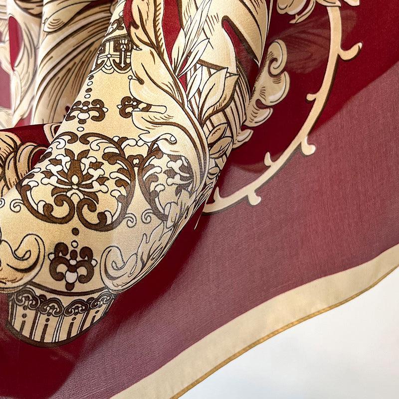 グリーン Boho Flora 大判シルクスカーフ/シルクツイルサテン/90×90cm/シルクショール/シルクバンダナ/大判サテンスカーフ/彼女へのギフト/母の日ギフト