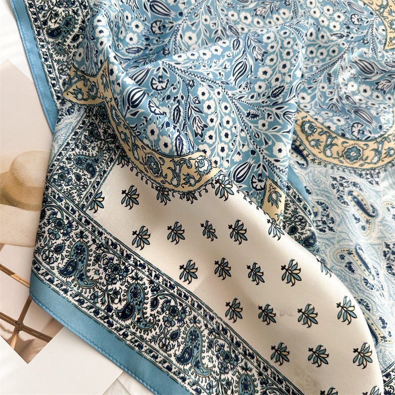 New Arrival: Light Blue 100% Mulberry Silk Square Scarf with Happiness Tree Pattern - 65CM Elegant Shawl, Perfect Gift for Her