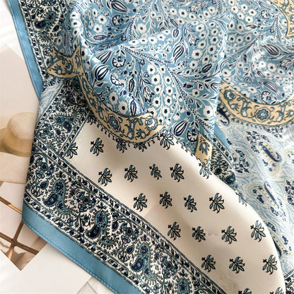 New Arrival: Light Blue 100% Mulberry Silk Square Scarf with Happiness Tree Pattern - 65CM Elegant Shawl, Perfect Gift for Her