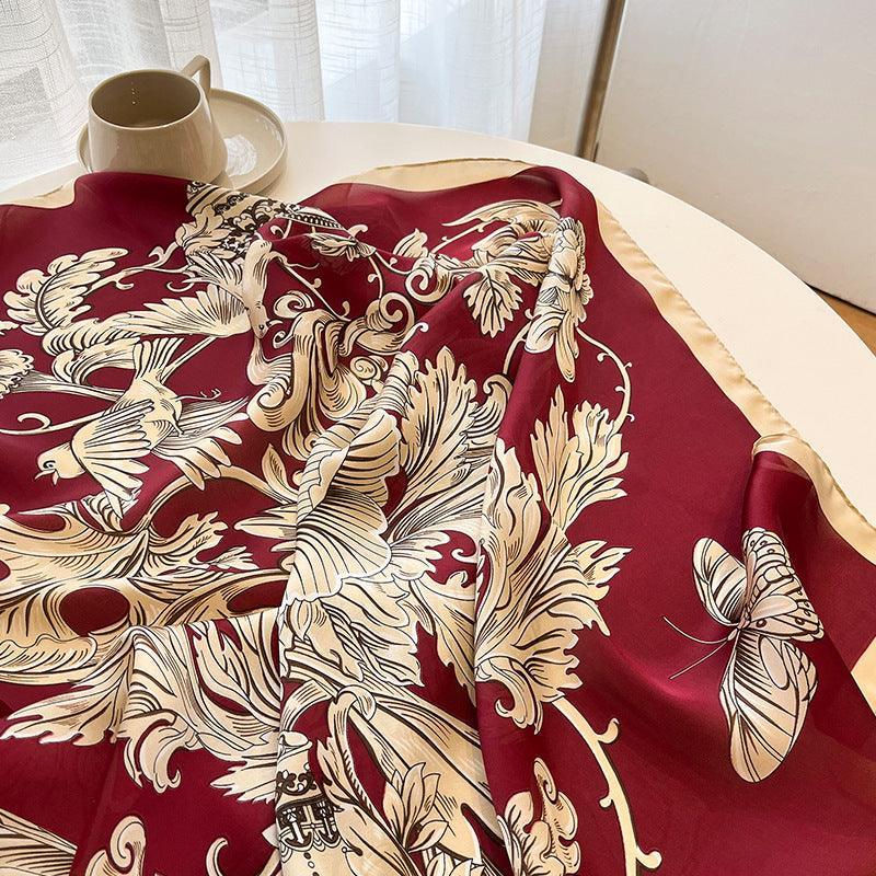 グリーン Boho Flora 大判シルクスカーフ/シルクツイルサテン/90×90cm/シルクショール/シルクバンダナ/大判サテンスカーフ/彼女へのギフト/母の日ギフト