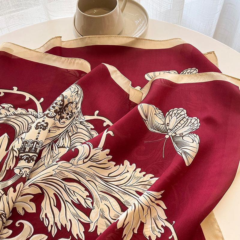 グリーン Boho Flora 大判シルクスカーフ/シルクツイルサテン/90×90cm/シルクショール/シルクバンダナ/大判サテンスカーフ/彼女へのギフト/母の日ギフト