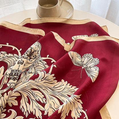 グリーン Boho Flora 大判シルクスカーフ/シルクツイルサテン/90×90cm/シルクショール/シルクバンダナ/大判サテンスカーフ/彼女へのギフト/母の日ギフト