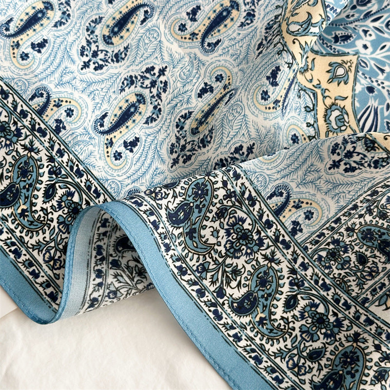 New Arrival: Light Blue 100% Mulberry Silk Square Scarf with Happiness Tree Pattern - 65CM Elegant Shawl, Perfect Gift for Her