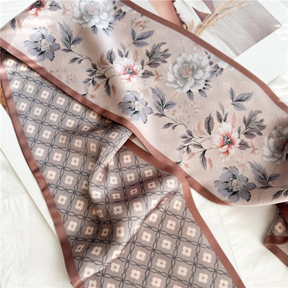 Soft Pink Floral Mulberry Silk Scarf | Romantic Tiny Blossom Long Ribbon