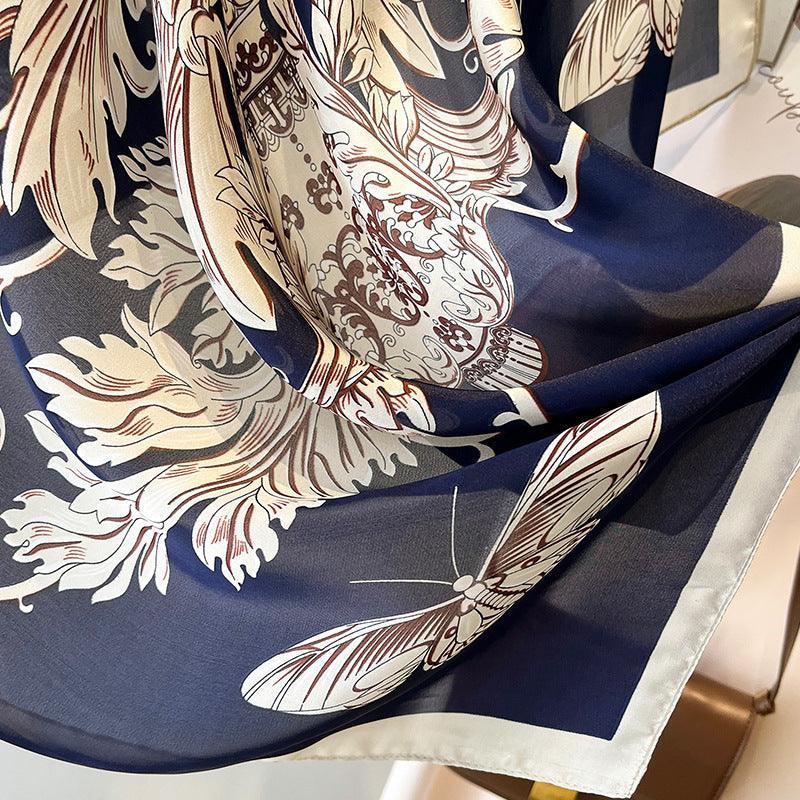 グリーン Boho Flora 大判シルクスカーフ/シルクツイルサテン/90×90cm/シルクショール/シルクバンダナ/大判サテンスカーフ/彼女へのギフト/母の日ギフト