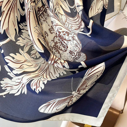 グリーン Boho Flora 大判シルクスカーフ/シルクツイルサテン/90×90cm/シルクショール/シルクバンダナ/大判サテンスカーフ/彼女へのギフト/母の日ギフト