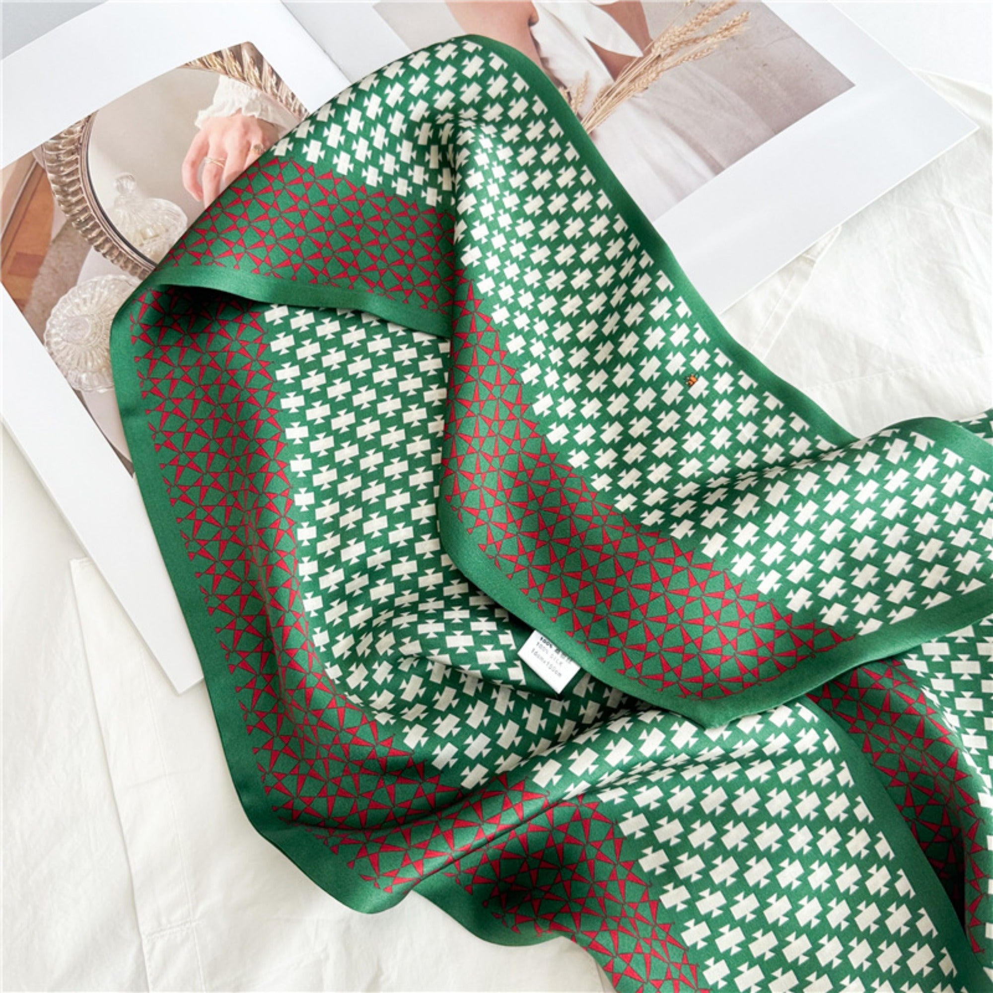 Vintage Geometric Green Mulberry Silk Scarf | Double-Sided Elegant Long Ribbon
