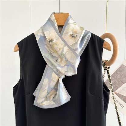 Luxury Oil Painting Rose Silk Scarf | Artistic Vintage Mulberry Silk Ribbon