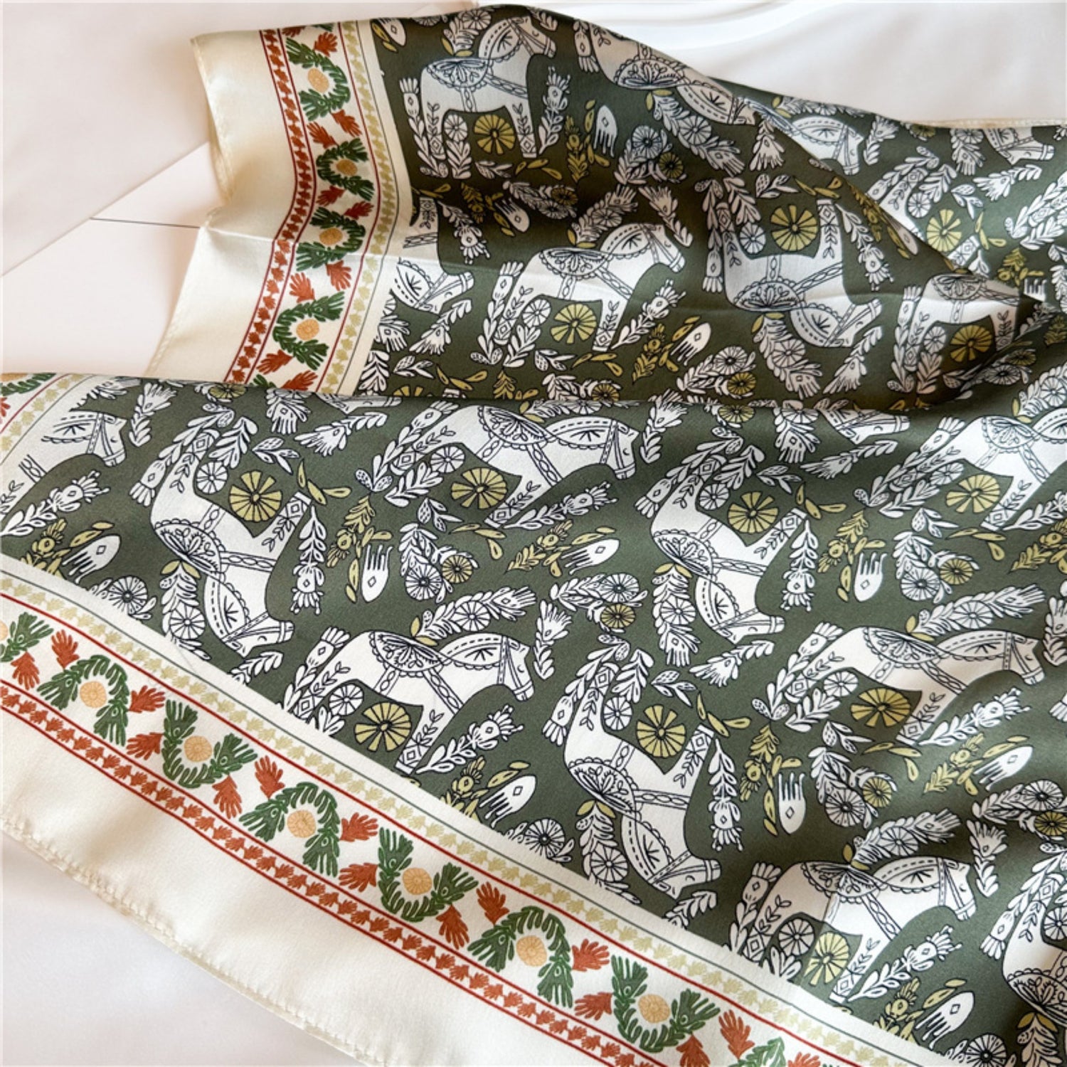Green Equestrian Horse Print Silk Scarf | 100% Mulberry Silk 26&