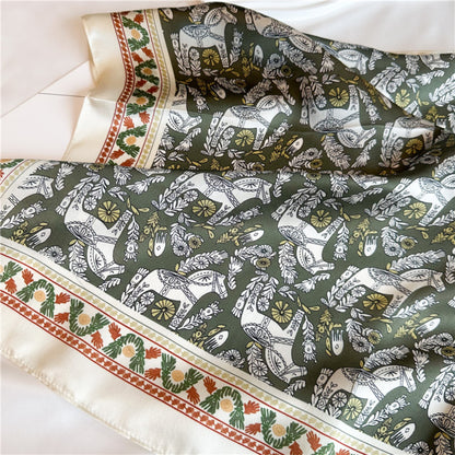 Green Equestrian Horse Print Silk Scarf | 100% Mulberry Silk 26&