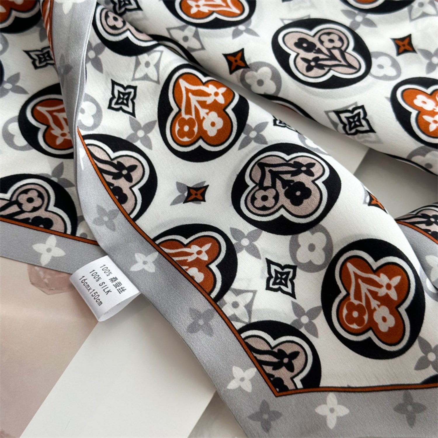 Blue Four-Leaf Clover Mulberry Silk Scarf | Lucky Charm Double-Sided Long Ribbon