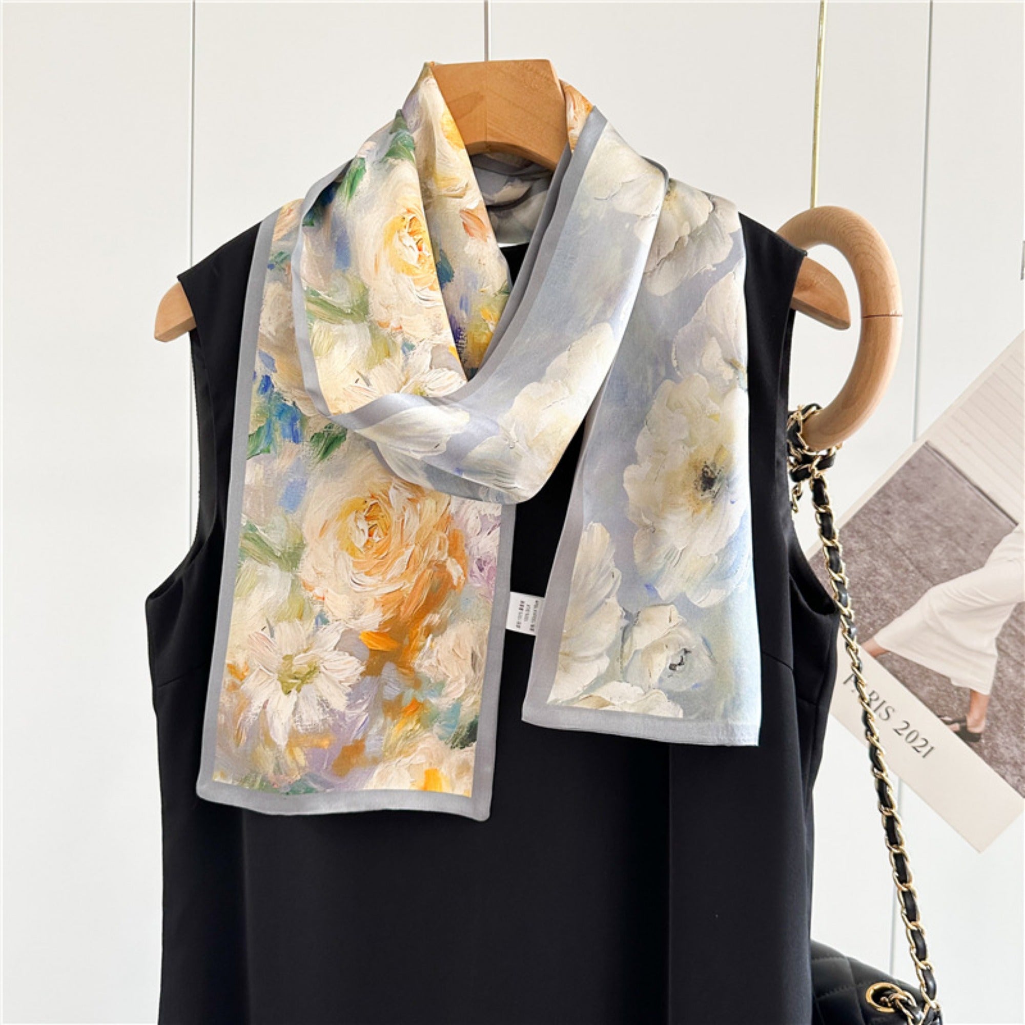 Luxury Oil Painting Rose Silk Scarf | Artistic Vintage Mulberry Silk Ribbon