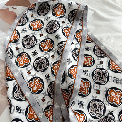 Blue Four-Leaf Clover Mulberry Silk Scarf | Lucky Charm Double-Sided Long Ribbon