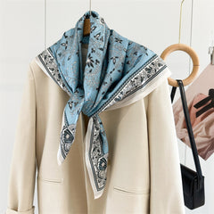 Classic Botanical Medallion Silk Scarf 90cm – Hand-Rolled Edge Square Scarf